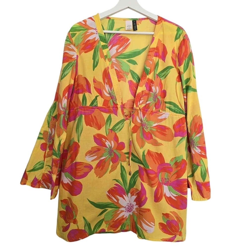 Ralph Lauren Bright Floral Yellow Orange Tropical V-Neck Tunic